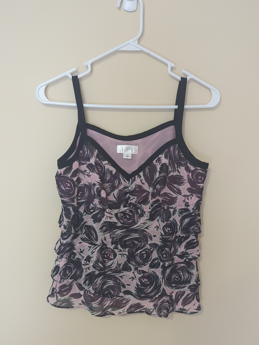 LOFT Size 2 Black Trim Pink Floral Tiered Camisole Frilly Top Zipper Side